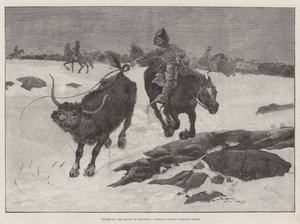 Inverno nelle pianure del Manitoba, cowboy che inseguono bestiame disperso
